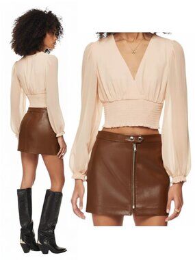 Aritzia Wilfred Wistful Blouse Coral Blush Smocked Sheer Sleeve XL